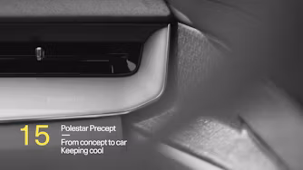 Interior detail of Polestar Precept with text '15 Polestar Precept From concept to car Keeping cool'.