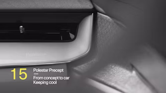 Interior detail of Polestar Precept with text '15 Polestar Precept From concept to car Keeping cool'.