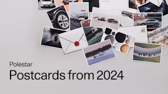 Polestar postcards and images including cars, architecture, and design elements with text 'Postcards from 2024'.