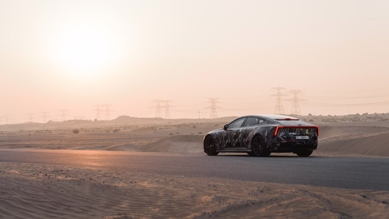 PS5 parked in desert during sunset
