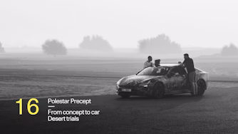 Videostill van de video van Polestar Precept in de woestijn met titel