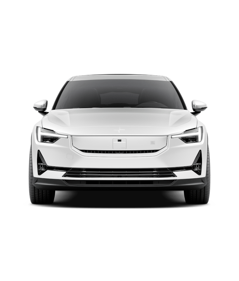 Side view of Polestar 2 electric car with white body, black trim, and yellow brake calipers.