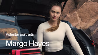 Margo Hayes sits in trunk of Polestar 3.