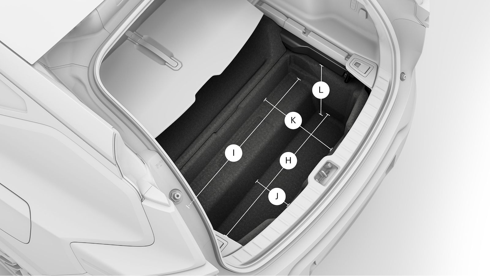 Angled view of Polestar 3’s rear under floor storage compartment shown with a lettered diagram.