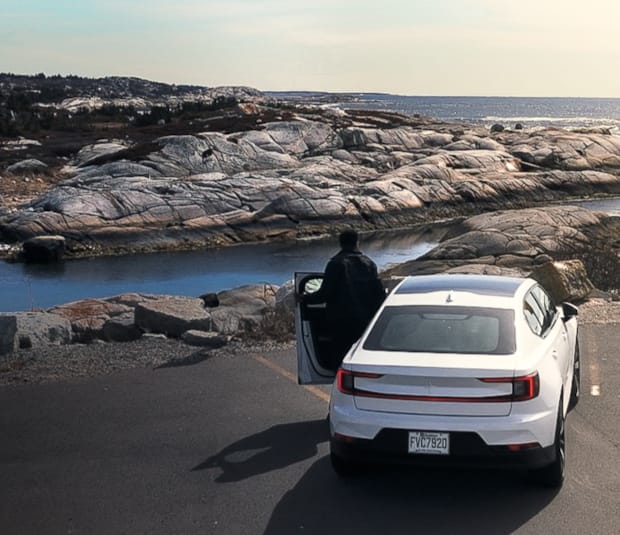 Scenic view with Polestar 2 in white