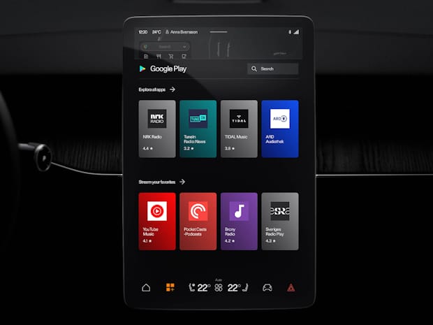 Polestar 3 centre display showing the Google Play screen with various downloadable apps.