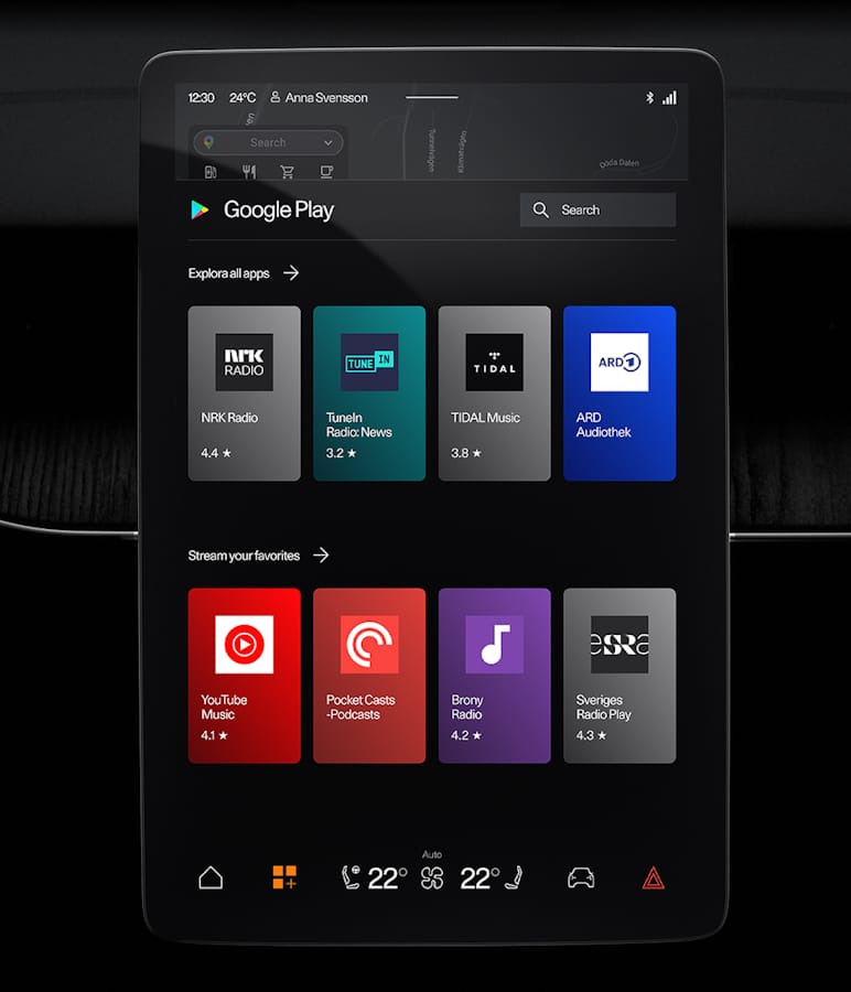 Polestar 3 centre display showing the Google Play screen with various downloadable apps.