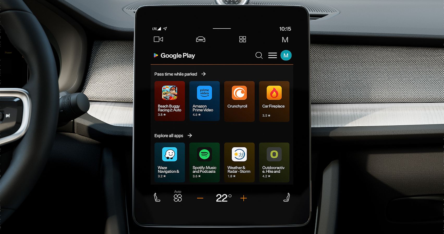 Polestar 3 centre display showing the Google Play screen with various downloadable apps.