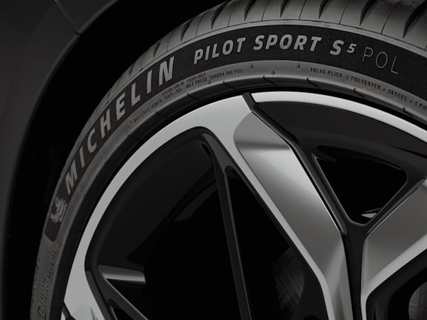 Close-up of a Michelin Pilot Sport S5 tire and alloy wheel on a Polestar car.