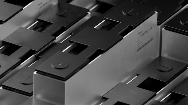 Polestar lithium-ion battery units arranged in rows.
