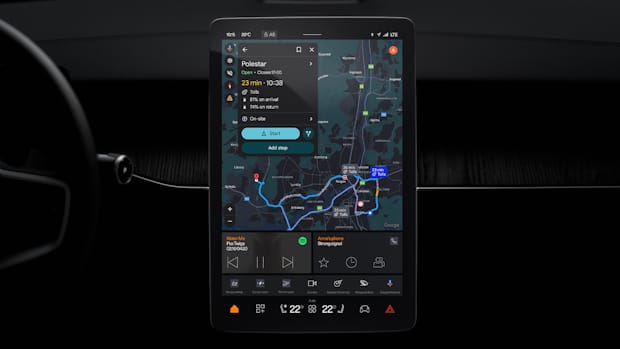 Polestar 3 centre display with Google Maps and smaller app tiles and media controls at the bottom.