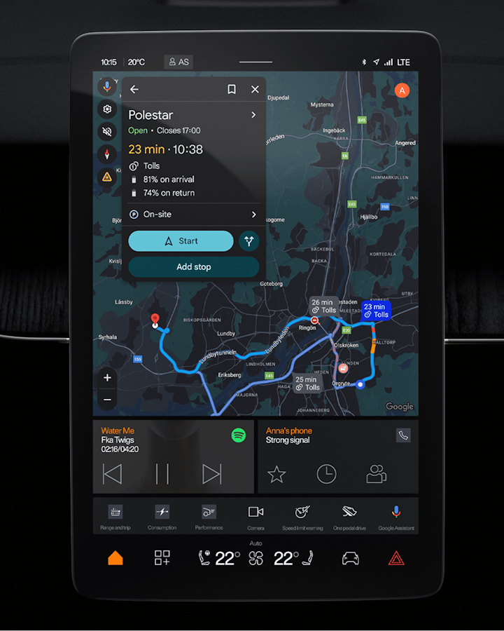 Polestar 3 centre display with Google Maps and smaller app tiles and media controls.