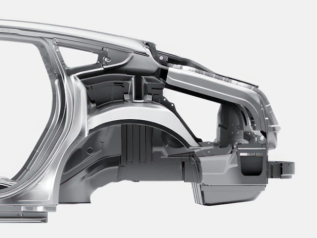 Side view of Polestar 5 car frame showing structural components and design details.