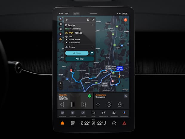 Polestar 3 centre display with Google Maps and smaller app tiles and media controls.