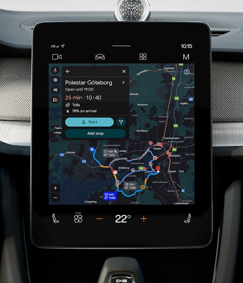 Polestar 2 centre display showing Google Maps with various types of traffic situations on screen.