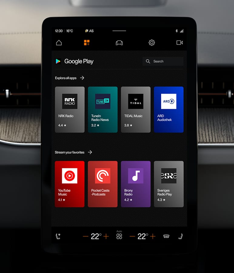 Polestar 5 centre display showing the Google Play screen with various downloadable apps.