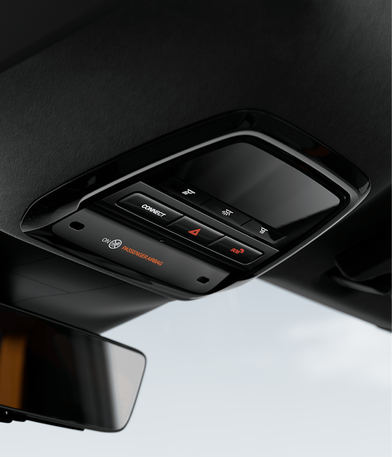Polestar 5 overhead console showing backlit buttons for SOS, Polestar connect, and more.