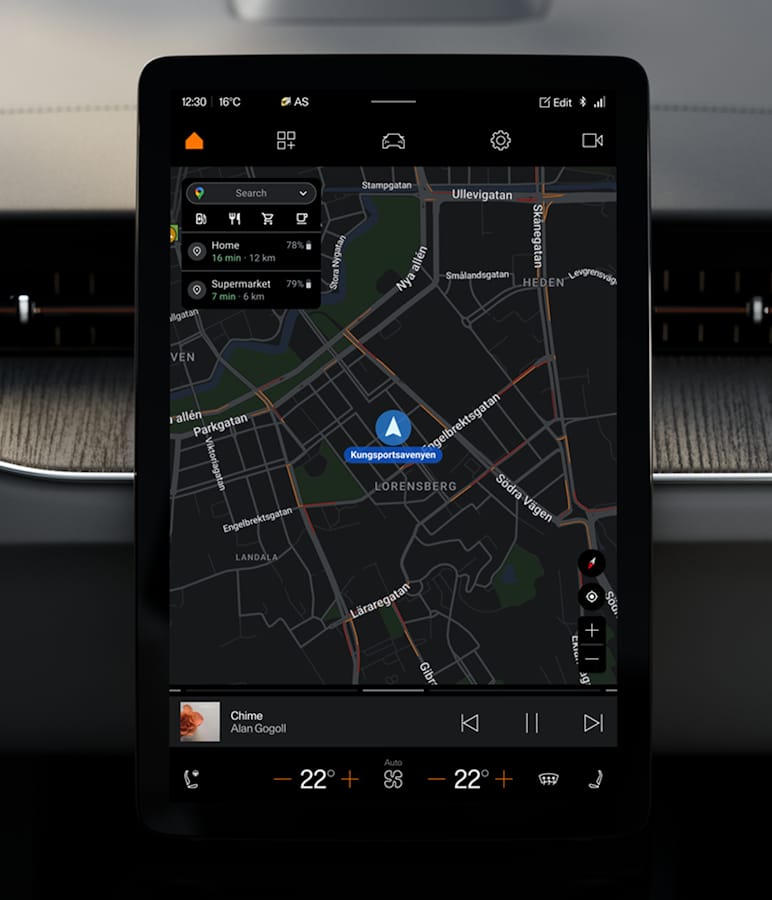 Polestar 5 centre display with Google Maps and smaller app tiles and media controls.