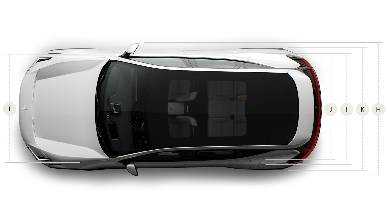 Top view of a white Polestar 3 against a white background with a lettered diagram.
