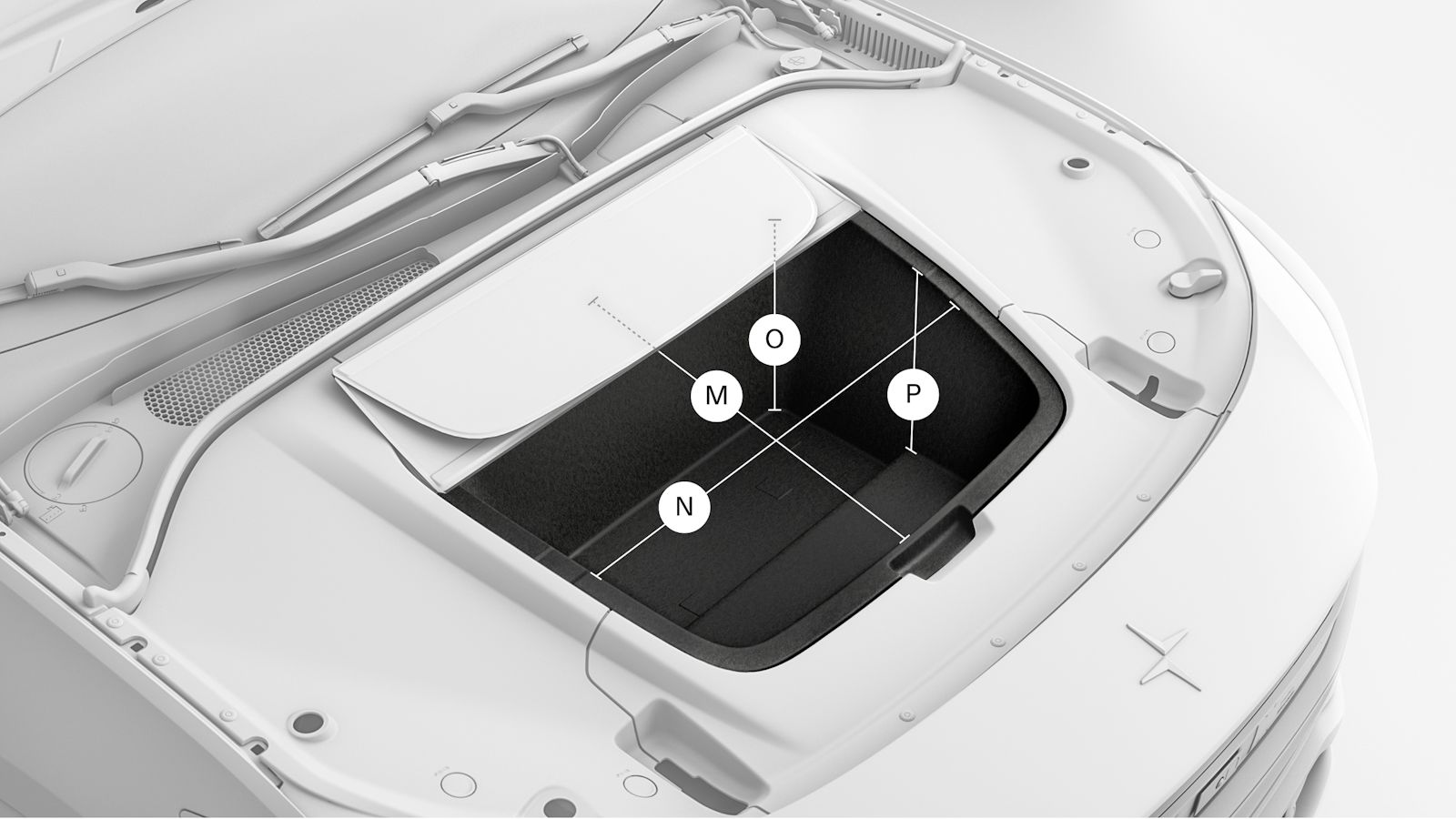 Angled view of Polestar 3’s front storage compartment shown with a lettered diagram.