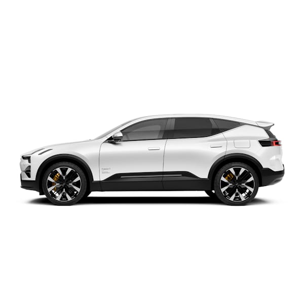 Side view of Polestar 3 electric SUV in white color with black accents and alloy wheels.
