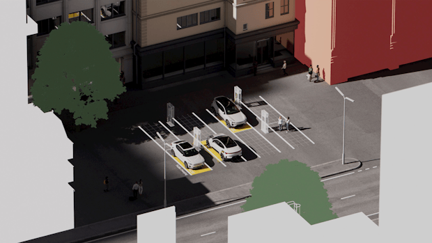 Polestar 2, 3, and 4 charging in public spots beside a building.