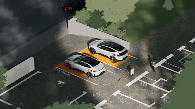 Polestar 3 and 4 charging in home spots beside a house.