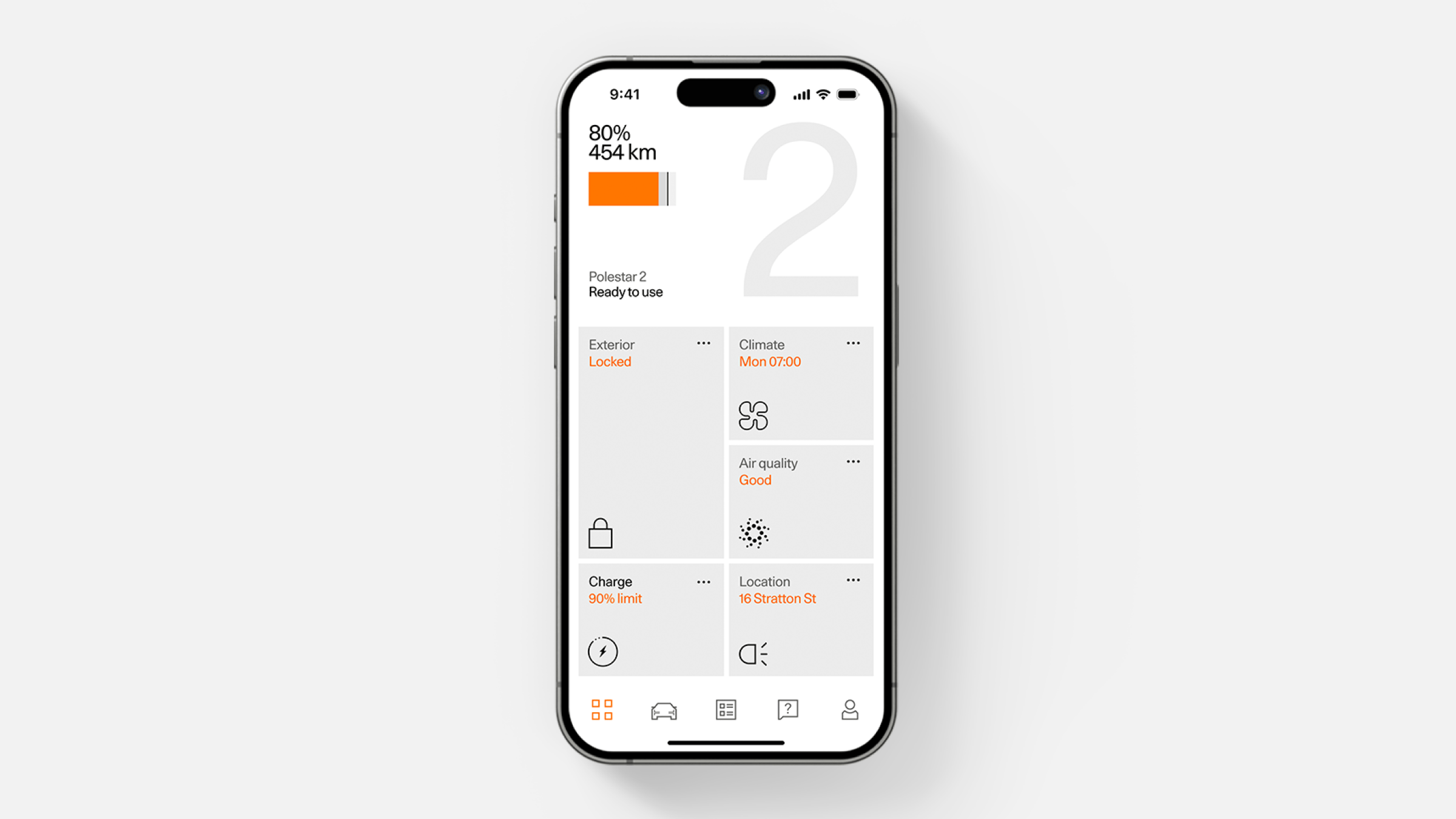 Phone displaying Polestar 2 app functions.