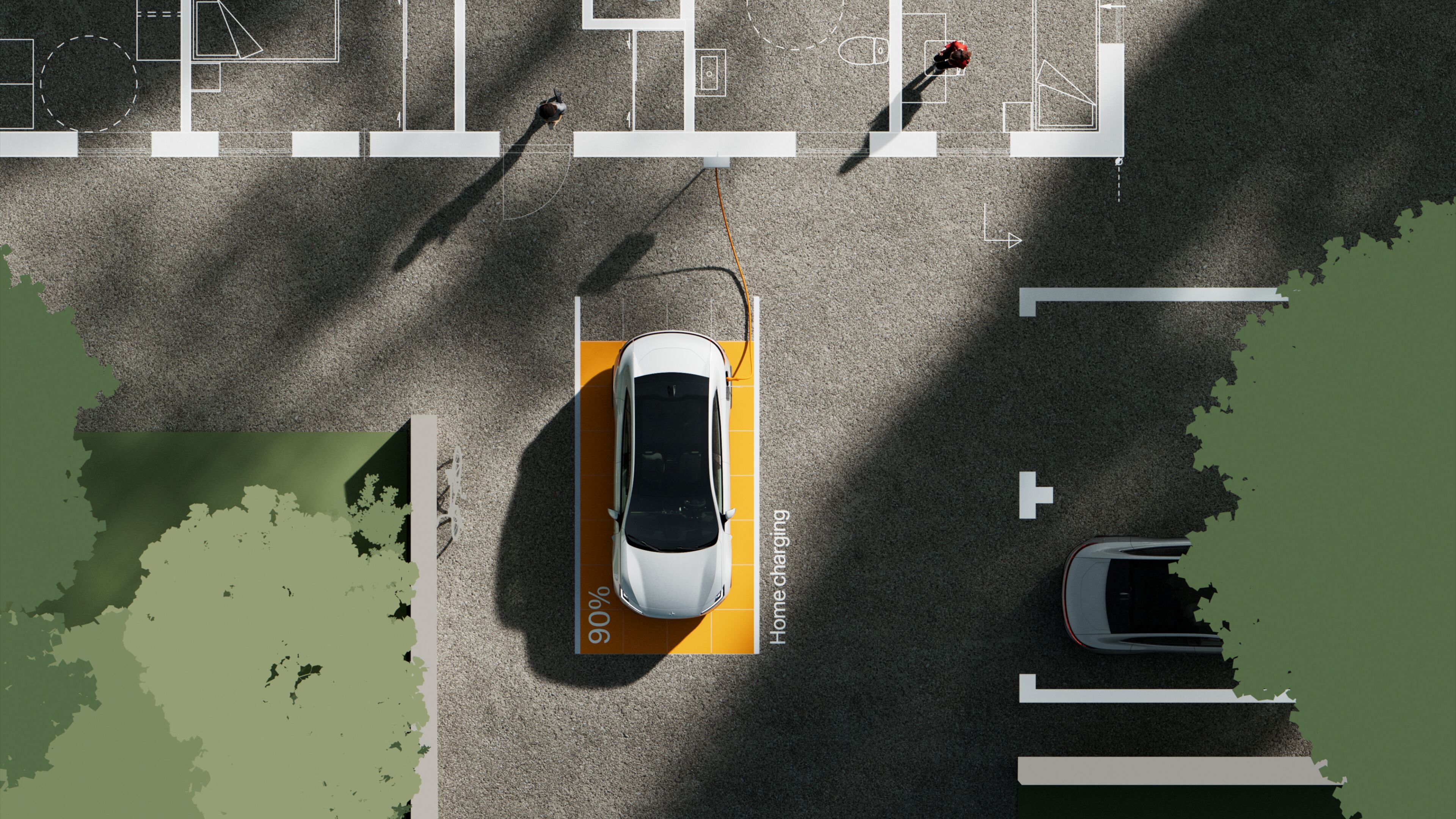 Polestar 4 parked in a designated charging spot with 90% charge, connected to a charging cable, surrounded by trees and shadows.