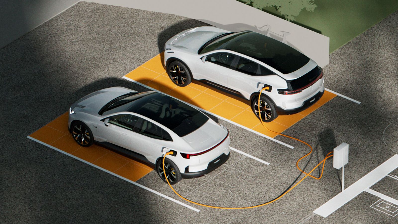 Polestar 3 and Polestar 4 parked in charging stations with cables connected to chargers on a paved surface.