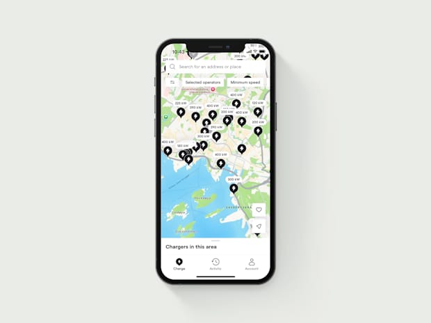Smartphone screen displaying a map with electric vehicle charging stations marked by icons and power ratings.