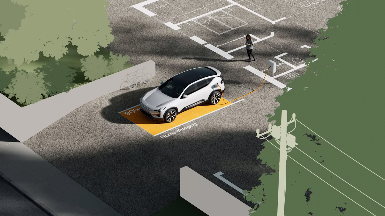 Polestar 3 parked in parking spot with charger, green trees surrounding