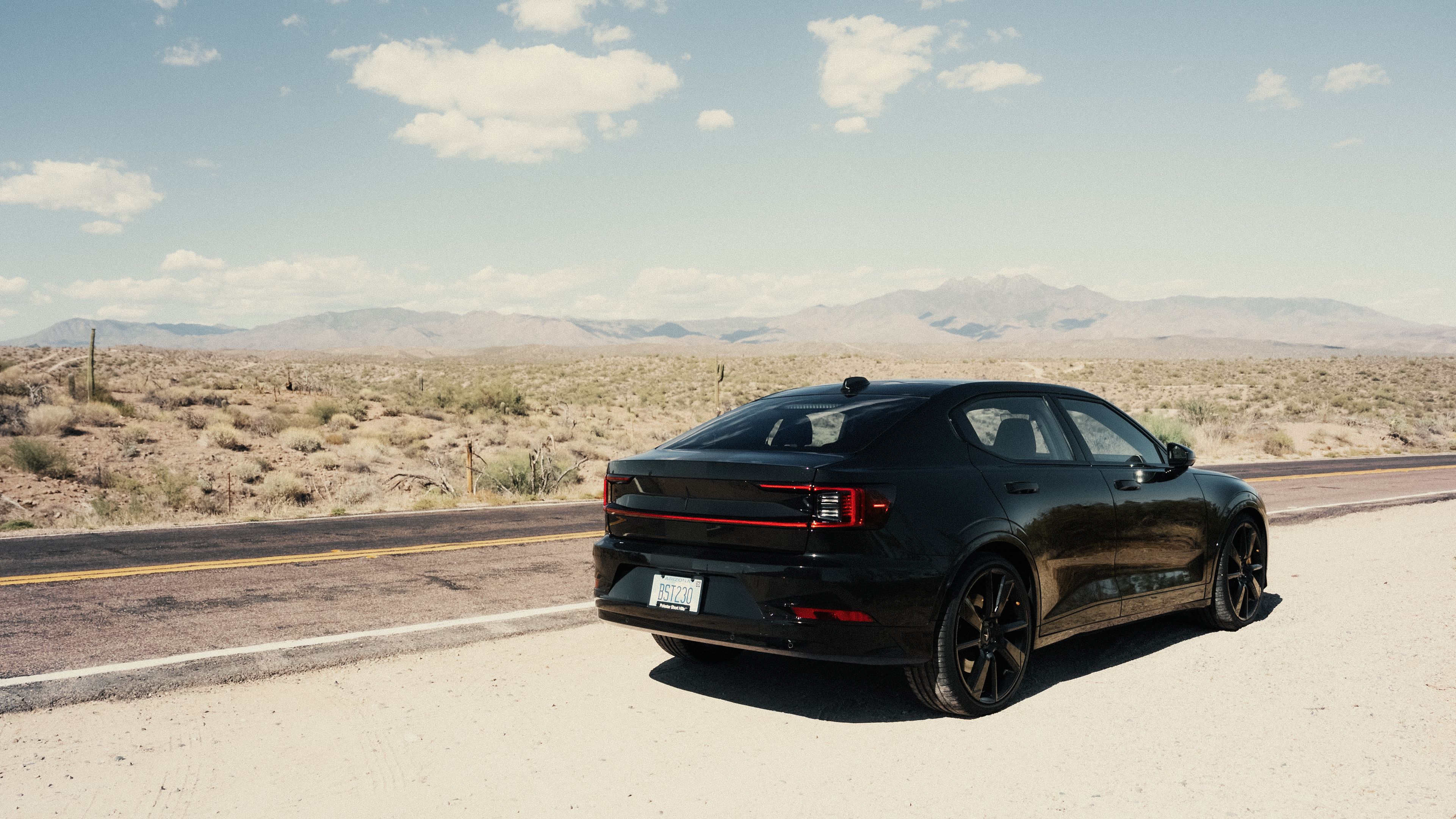 Polestar 2 in front of desert landscape
