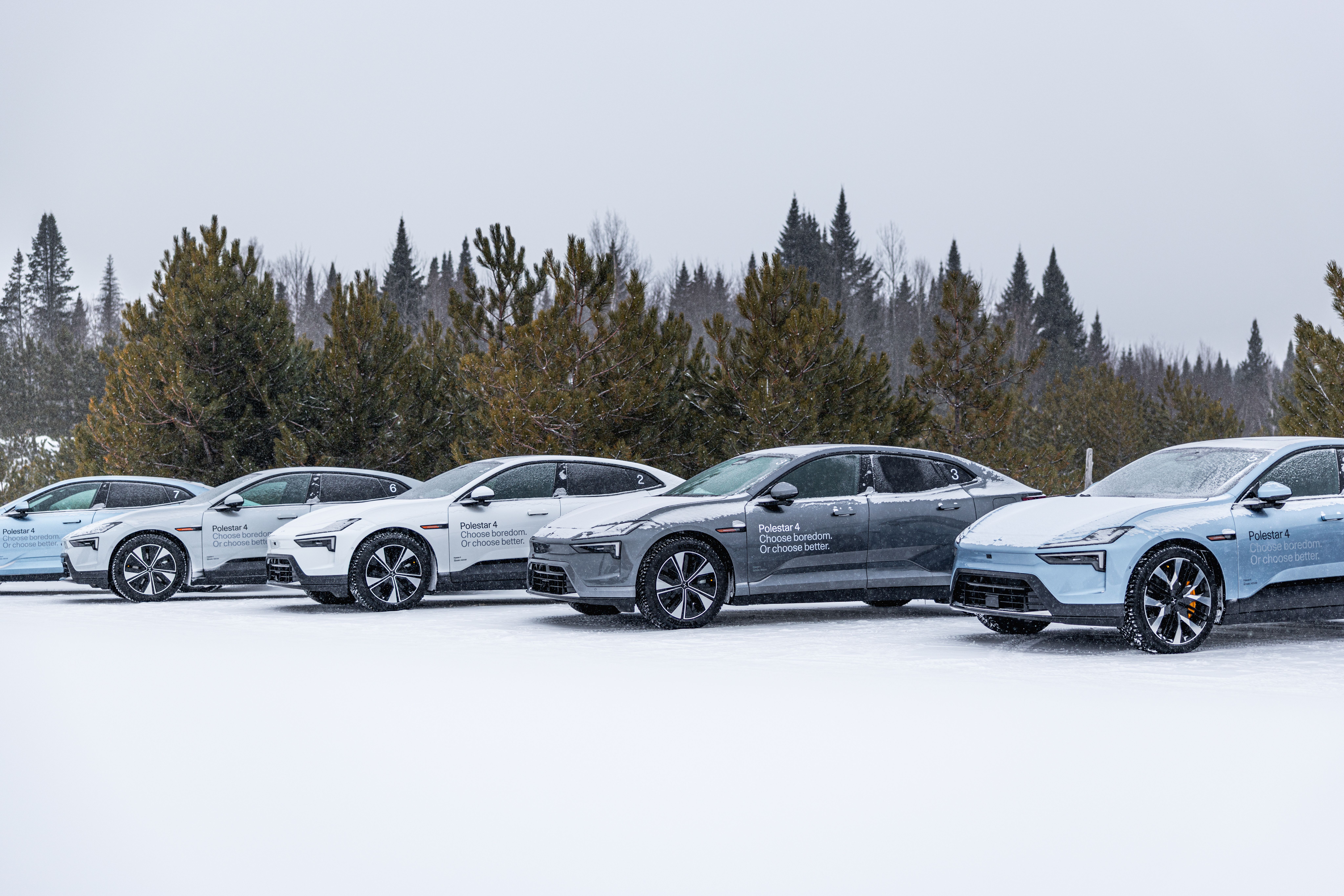 Polestar 4 cars against snowy and foresty background.