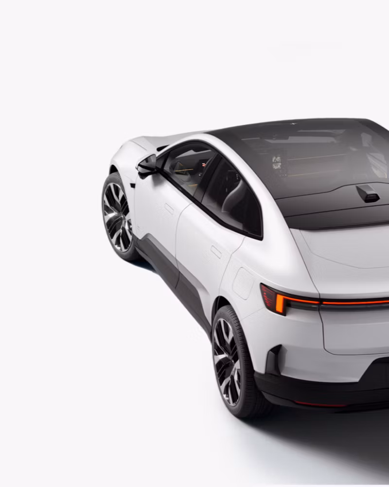 Polestar car viewed from rear and side angle, showing taillights, roof, and wheels.