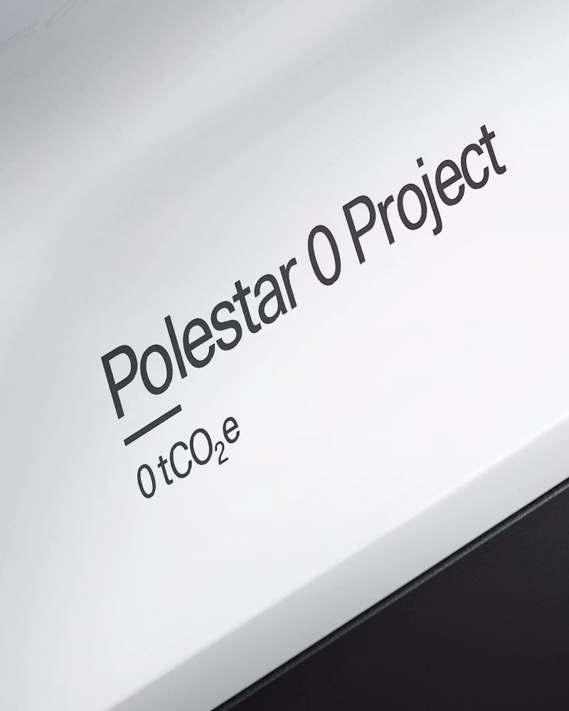 Text reads Polestar 0 Project and 0tCO2e on a white and black background.