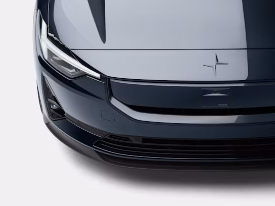 Front view of Polestar car showing headlights, grille, and hood with Polestar logo.