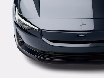 Front view of Polestar car showing headlights, grille, and hood with Polestar logo.