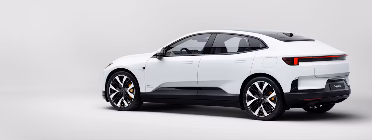 Side rear view of white Polestar