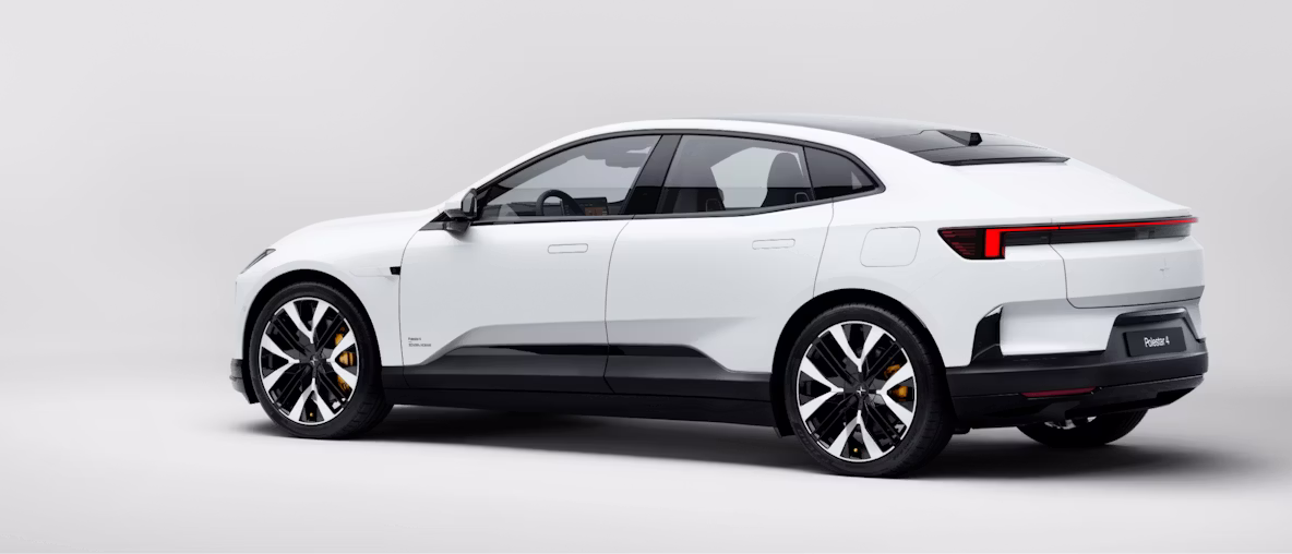 A white Polestar 4 against a light grey background.