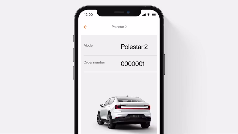 Mobile screen showing Polestar 2 model details and rear view of Polestar car with order number 000001.