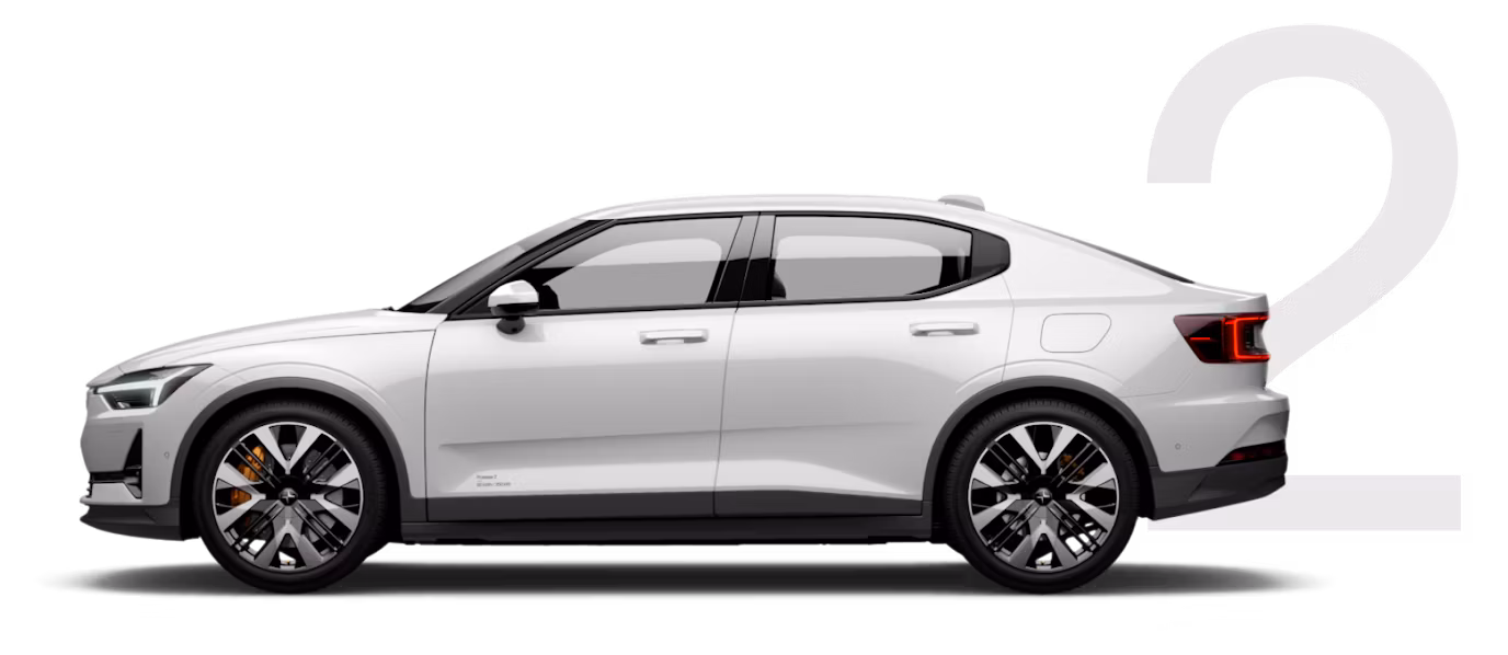 A white Polestar 2 from the side.