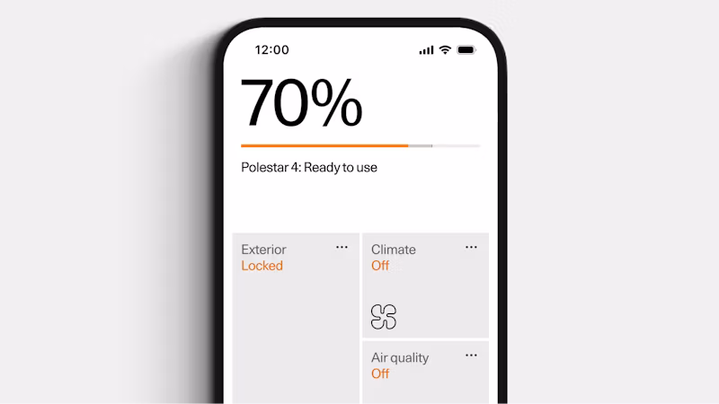 Mobile screen showing Polestar 4 status with 70% charge, exterior locked, climate off, and air quality off.