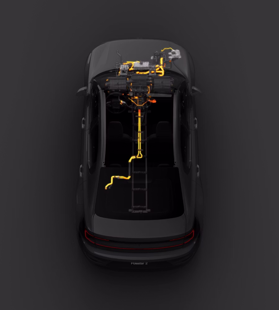 A see-through view of Polestar 2 that shows the energy-saving heat pump.