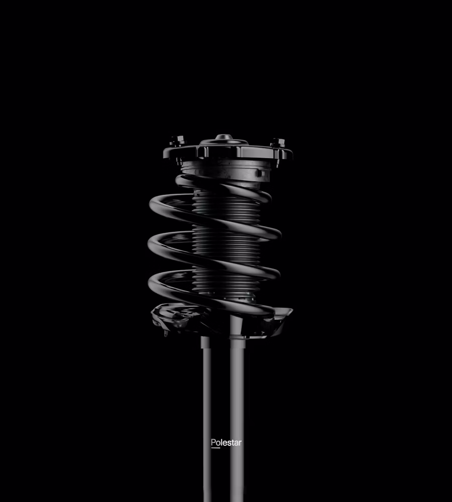 Polestar 2’s Twin-tube frequency-dependent dampers in a black background.