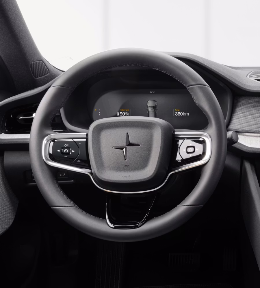 A portrait view of Polestar 2’s steering wheel.
