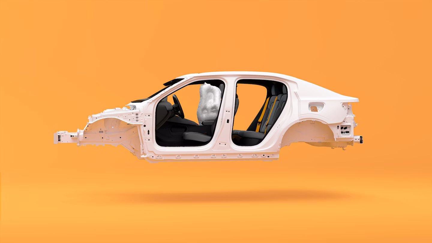 Polestar 2’s chassis shown in front of an orange background.