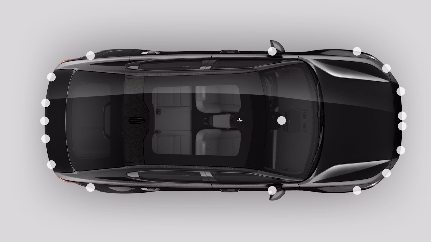 A birds eye view of Polestar 2 with dots highlighting the locations of its radars, cameras, and sensors.