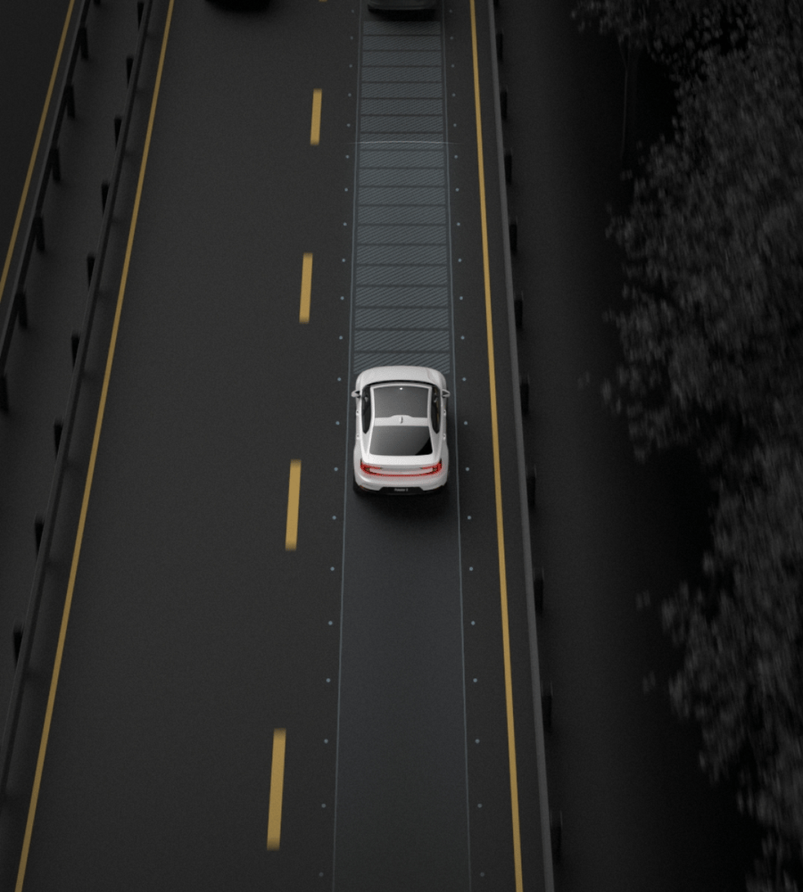 Polestar 2 adjusting its own speed to the speed and position of the car ahead.