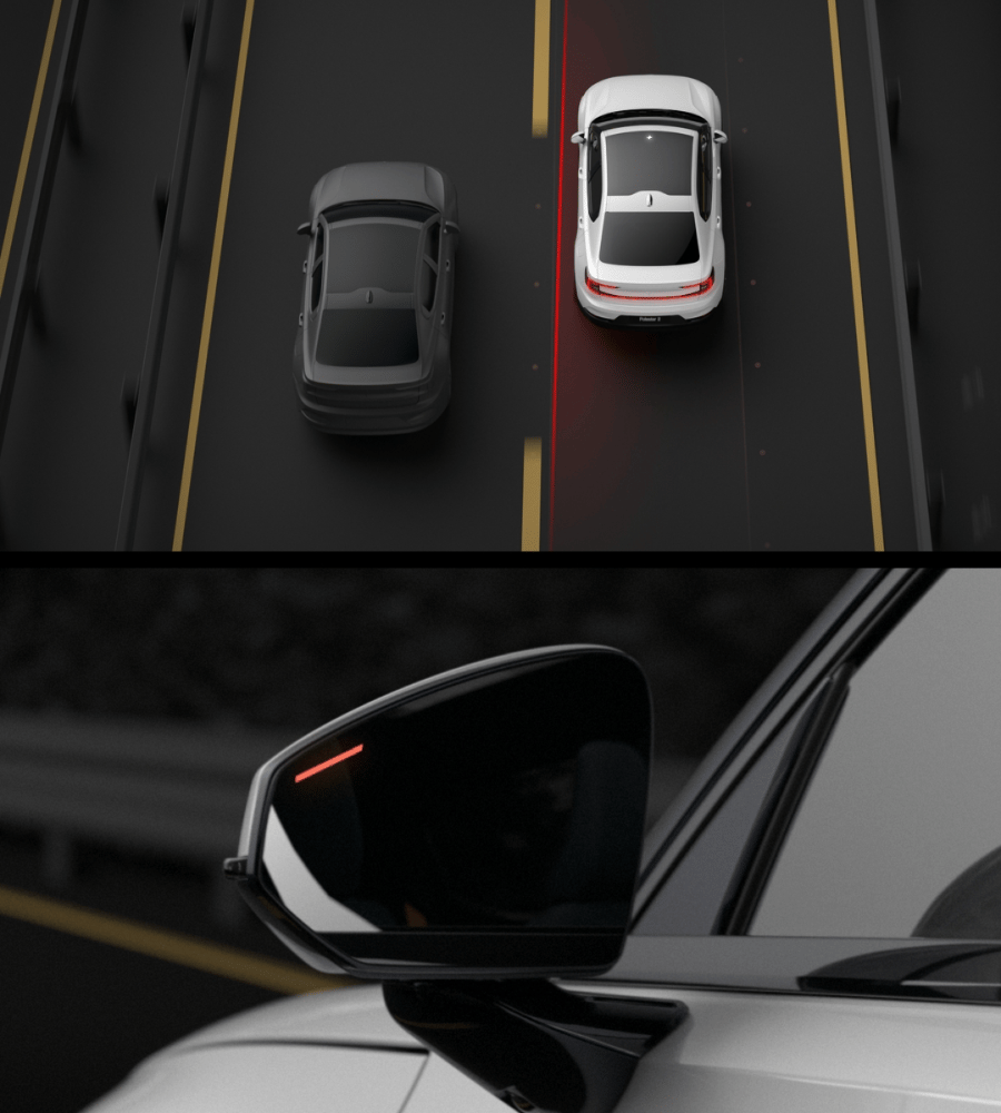 Polestar 2 warning and steering itself back into its lane after detecting a vehicle in its blind spot.